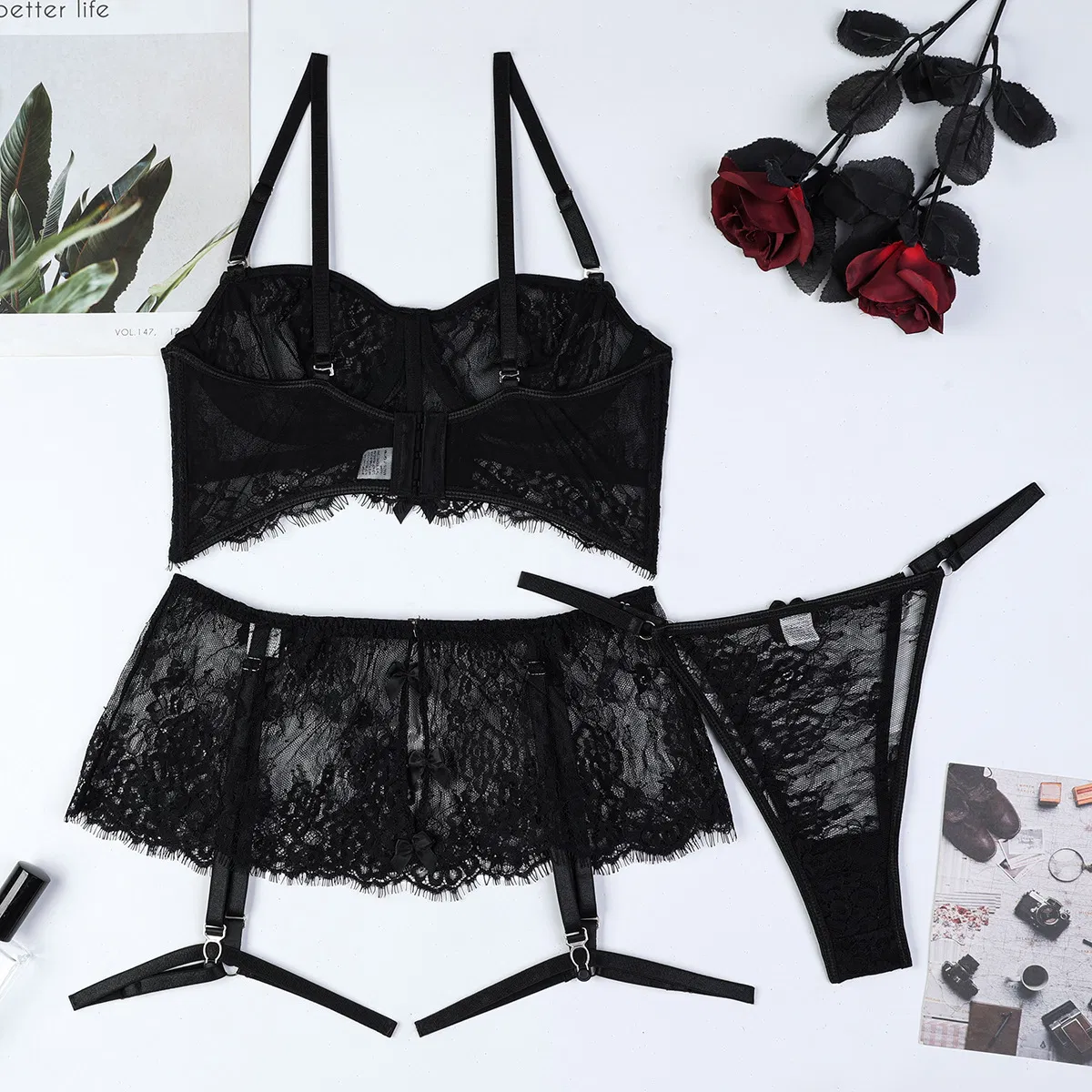New Design Embroidery Lace Bra Set Sexy Perspective Pearl Skirt Woman Lingerie