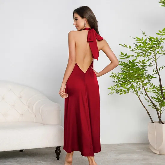Wholesale Hanging Neck Backless Women's Nightwear Sexy Solid Color Satin Sleepwear