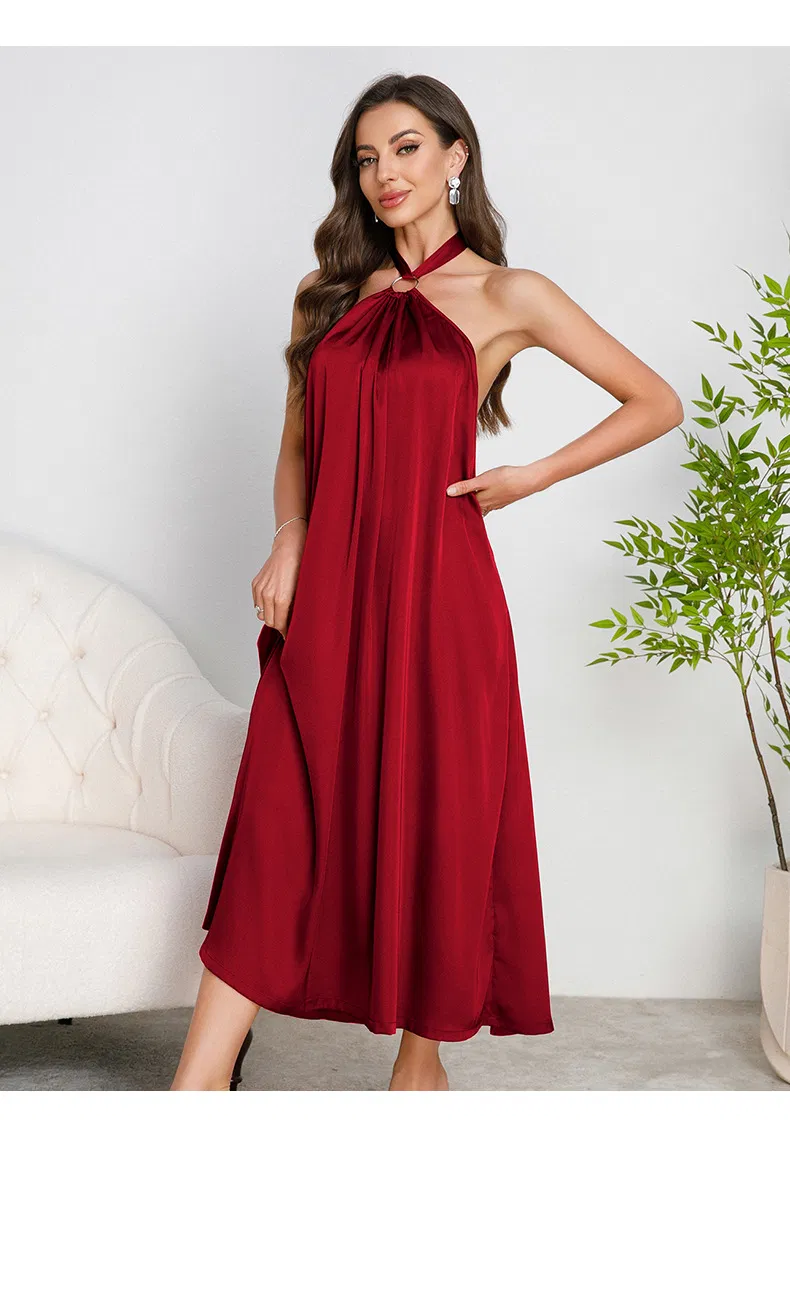 Wholesale Hanging Neck Backless Women's Nightwear Sexy Solid Color Satin Sleepwear