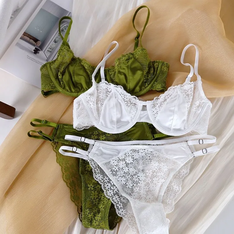 French Sexy Women Underwear Ultra-Thin Satin Lace Set Bra Lingerie