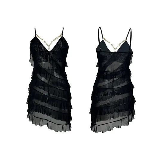 Sexy Layered Ruffles See-Through Women's Sleepwear Hot Sale Solid Color Dress Nightwear