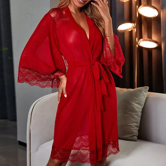 Wholesale See-Through Mesh Chiffon Stitching Lace Sleepwear Sexy Solid Color Women's Robe