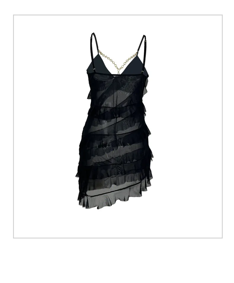 Sexy Layered Ruffles See-Through Women's Sleepwear Hot Sale Solid Color Dress Nightwear
