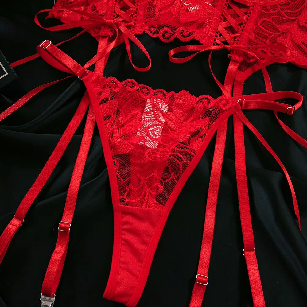 Hot Solid Color Fish-Bone Women Bra Set Sexy Erotic Strap Cross Embroidered Lingerie