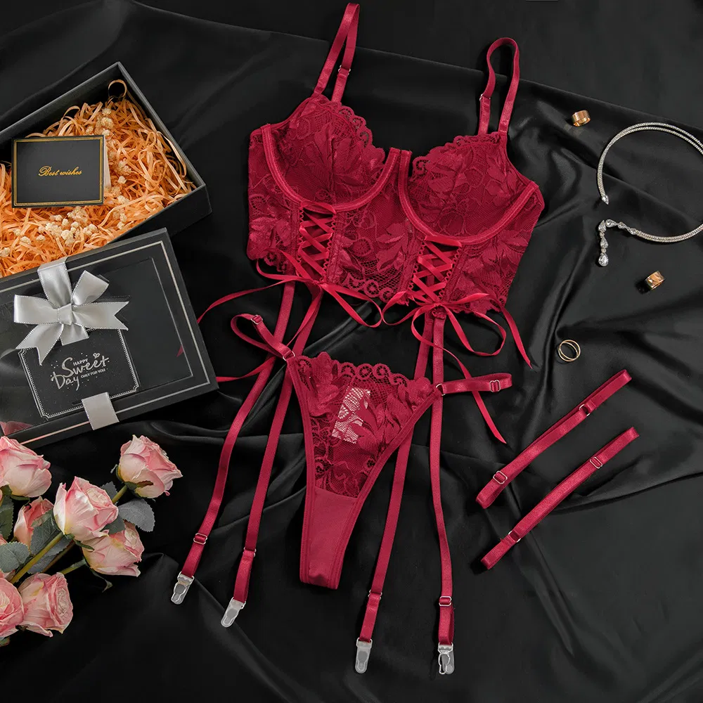 Hot Solid Color Fish-Bone Women Bra Set Sexy Erotic Strap Cross Embroidered Lingerie