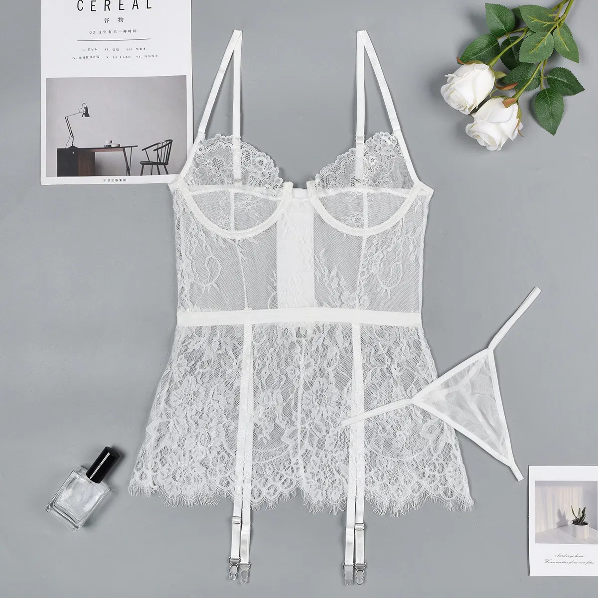 Wholesale See Through Eyelash Lace Underwear Set Sexy Suspender Skirt Woman Lingerie