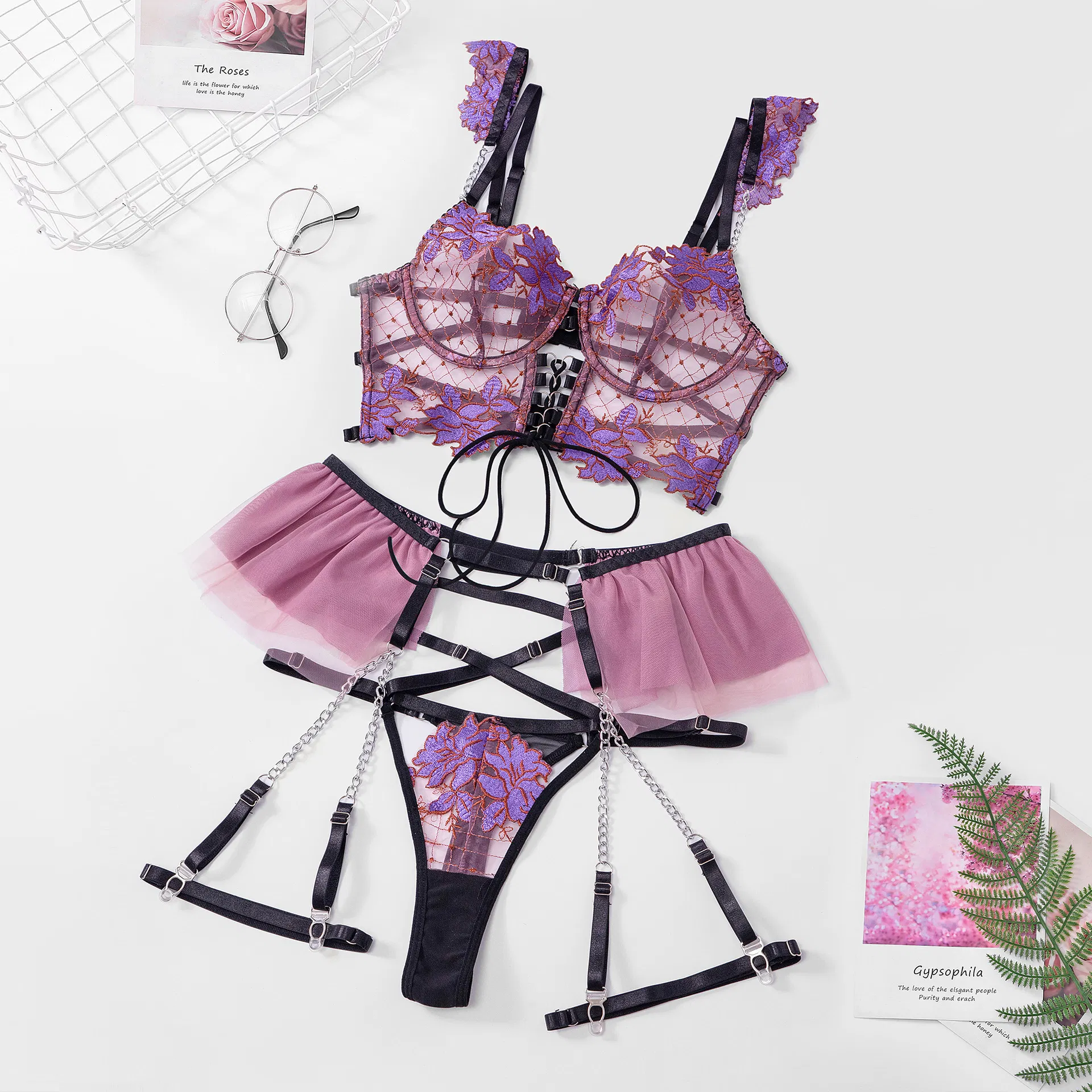 Sexy Floral Embroidery See Through Bra Panty Set Wholesale Luxury Chain Women Lingerie