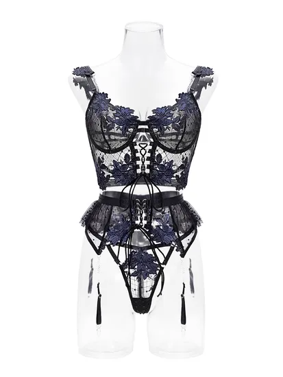 Wholesale Floral Embroidery Woman Bra Panty Set Sexy See-Through Garter Lingerie