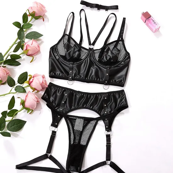 Sexy PU Leather Perspective Plus Size Bra Set New Fishnet Net Woman Lingerie