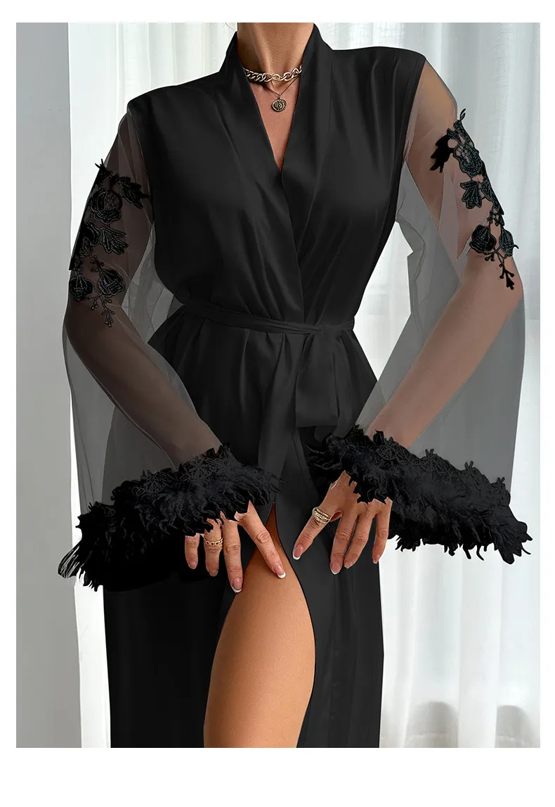 Wholesale Satin Woman Sleepwear Sexy See-Through Mesh Feather Lace Cuff Robe