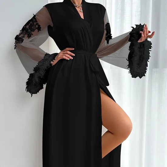Wholesale Satin Woman Sleepwear Sexy See-Through Mesh Feather Lace Cuff Robe