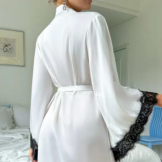 Wholesale V-Neck Satin Woman Lace Nightwear Sleepwear Sexy High-Quality Solid Color Robe