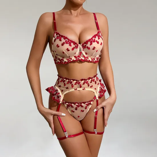 Wholesale Heart-Shaped Embroidery Woman Underwear Set Sexy Transparent Mesh Lingerie