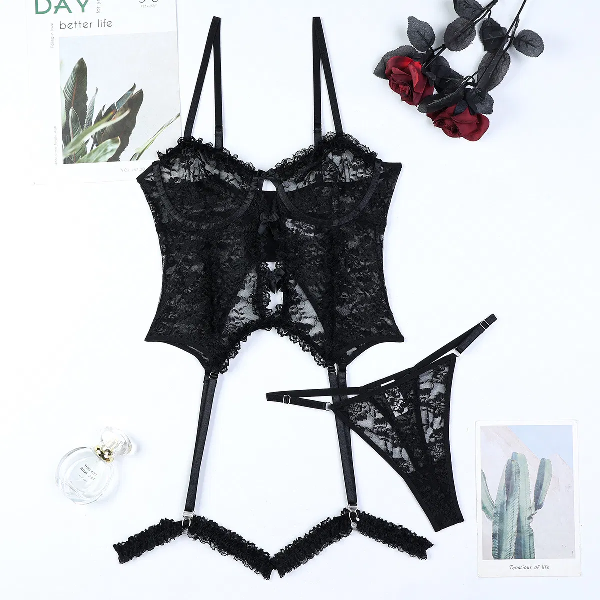 Sexy Hollow See-Through Woman Bra Set New High Quality Lace Ruffled Solid Color Lingerie