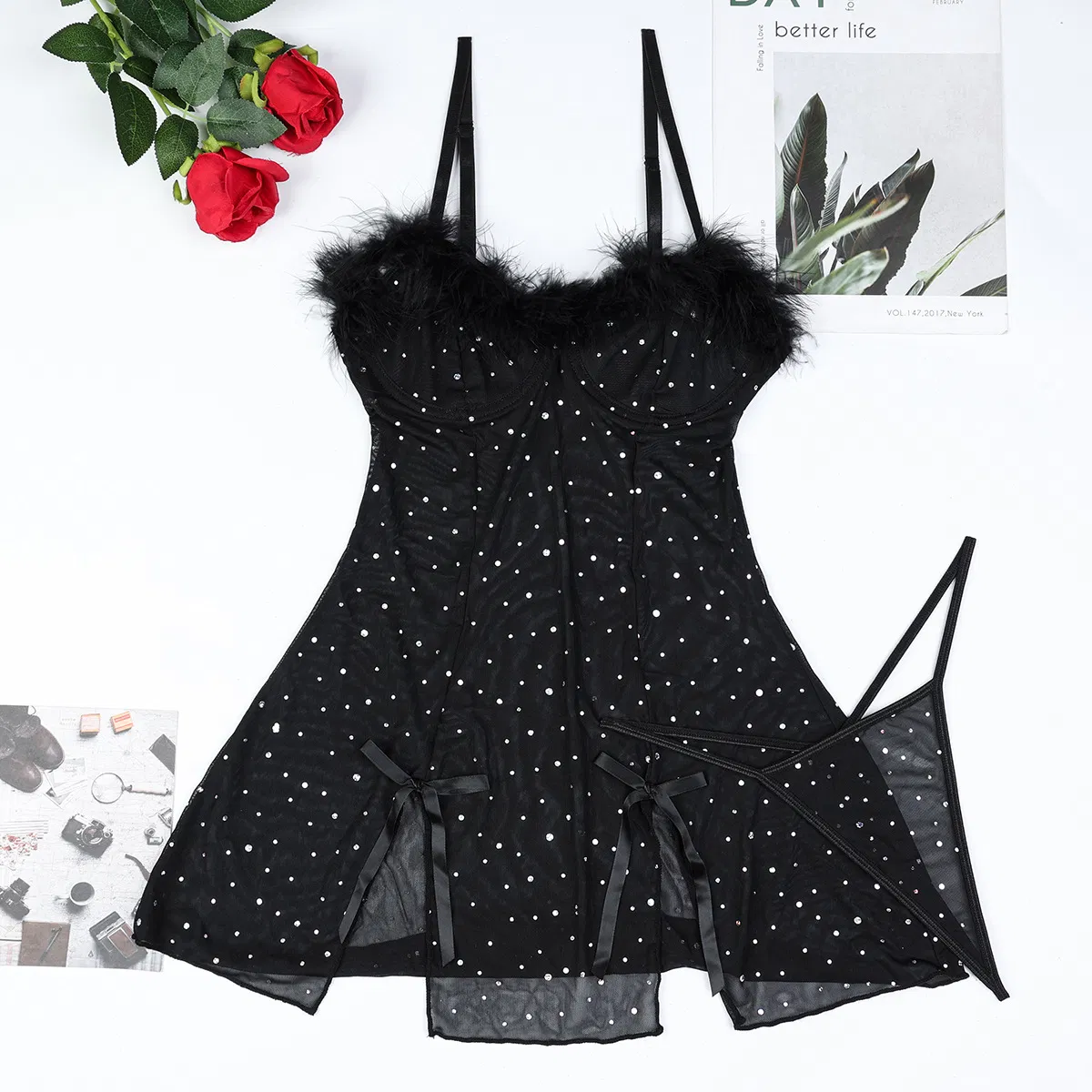 Sexy Elastic See-Through Mesh Bra Set New Rhinestone Sparkling Feather Two-Piece Woman Lingerie