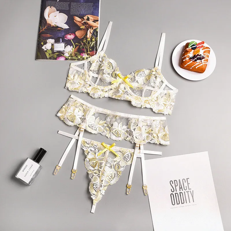 New Design Flower Embroidery See-Through Bra Set Sexy Woman 3 PCS Lingerie