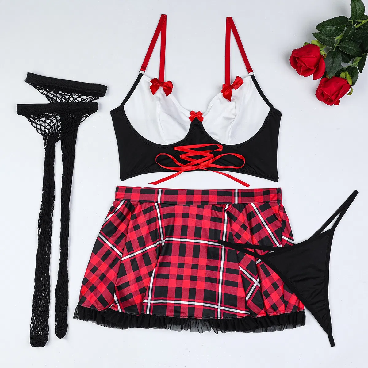 Wholesale Uniform Bow Woman Bra Set with Stocking Sexy Red Miniskirt Lingerie