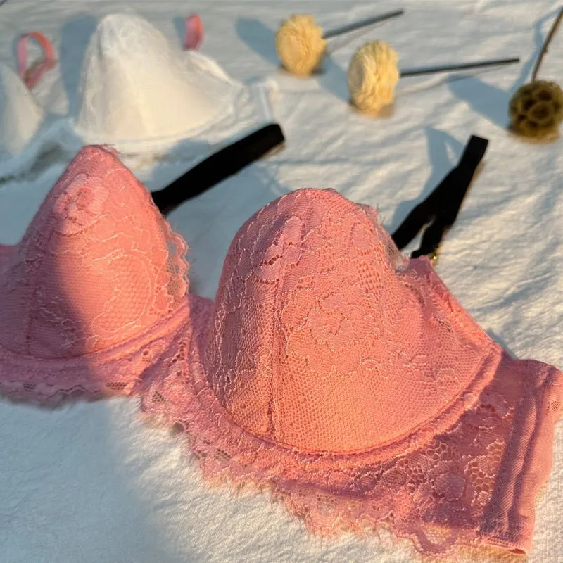 New Style French Seduction for Women Gathered Bra Set Lace Trim Breathable Sexy Lingerie