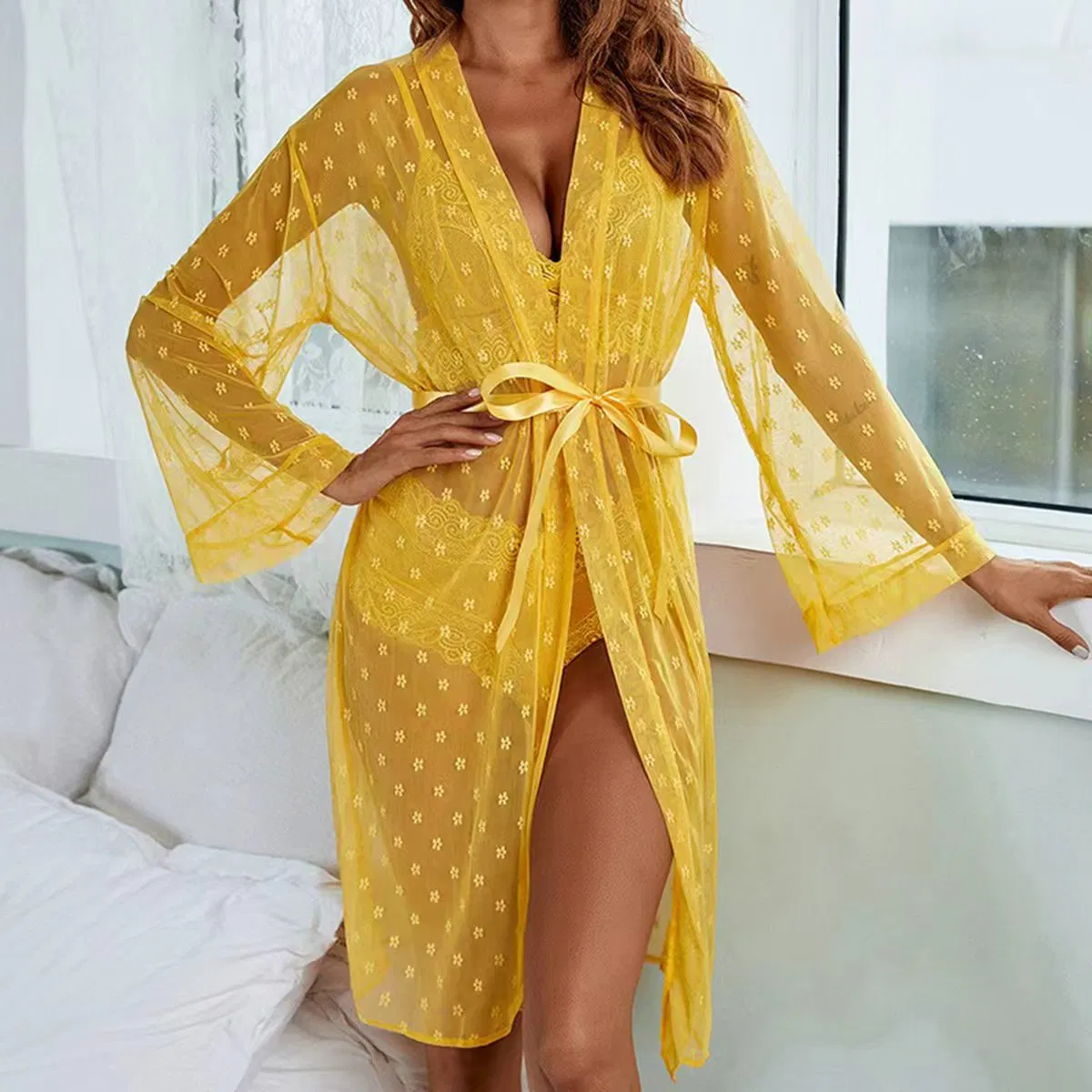 Wholesale Lace Dress Long Transparent Sleepwear Sexy Woman Lingerie Set with Robe