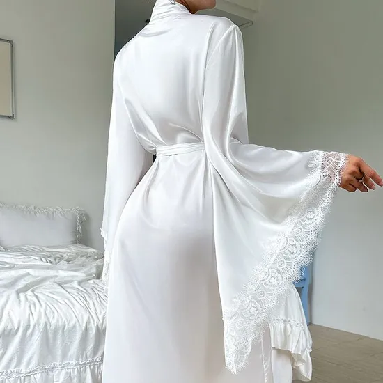Wholesale Satin Lace Long Sleeved Women's Sleepwear Sexy High Quality Soft and Silky Robe