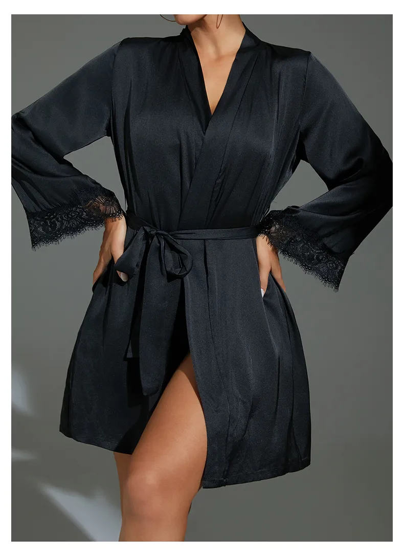 Sexy See-Through Polka DOT Mesh with Lace Sleepwear Nightwear Wholesale Women Satin Robe