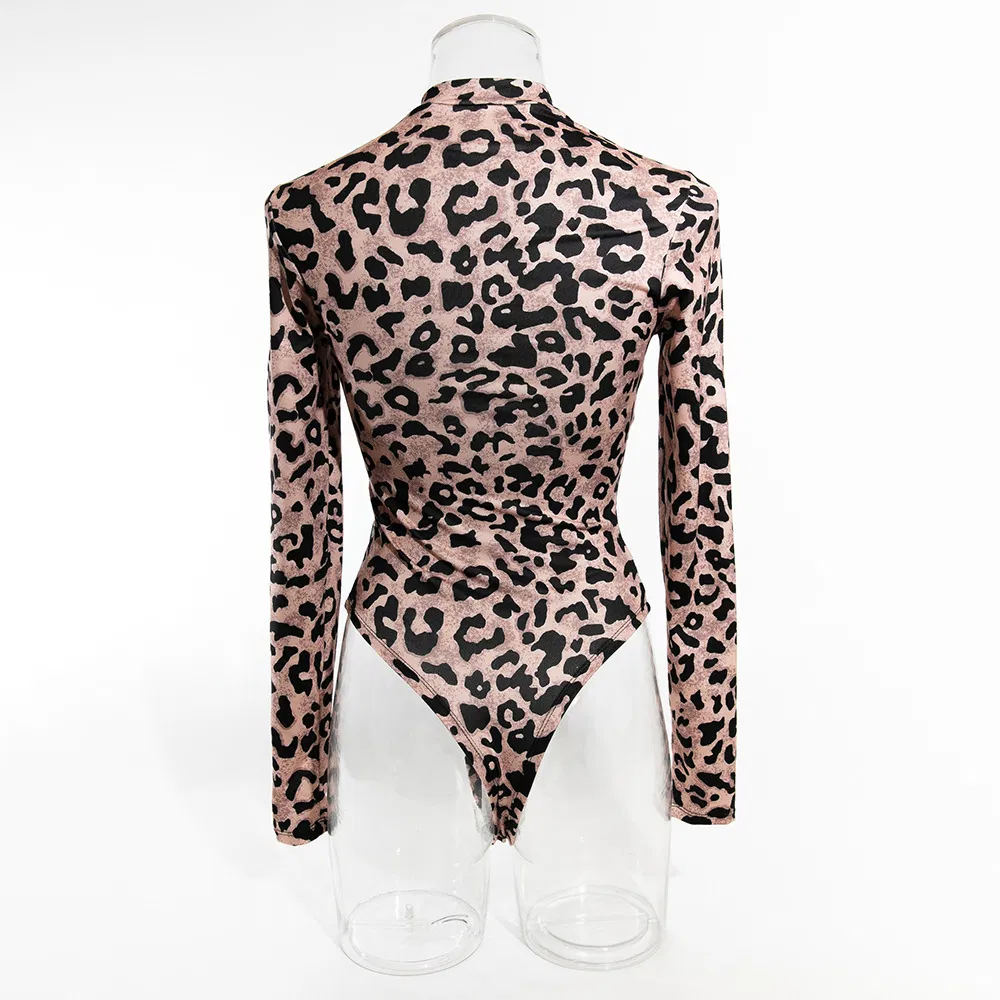 Wholesale Long Sleeve Leopard Print One Piece Underwear Sexy Perspective Slim Fitting Lingerie