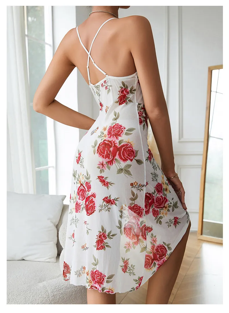 New Design See-Through Deep V Mesh Lace Nightwear Dress Sexy Suspender Woman Long Sleepwear