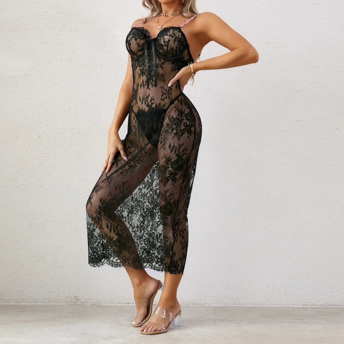 Sexy See-Through Ultral-Thin Long Dress Bra Set New Fashion Flower Embroidered Woman Lingerie
