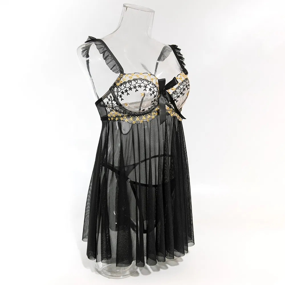New Arrival Erotic Transparent Bra and Panty Set Sexy Long Dress Embroidered Lingerie