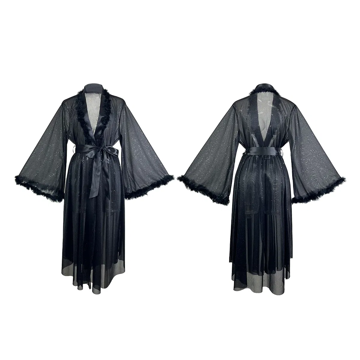 Wholesale Long Sleeve Open Front Sleepwear Sexy See Through Shiny Silver Line Women's Robe