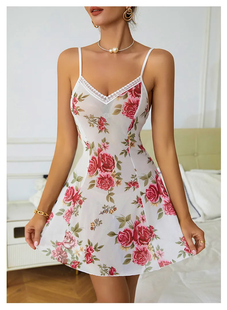 Sexy See-Through Mesh Suspender Dress Sleepwear New Floral Print with Lace Nightwear
