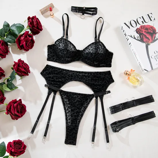 Wholesale Leopard Printed Underwear Set Sexy Push up See-Through Mesh Lingerie