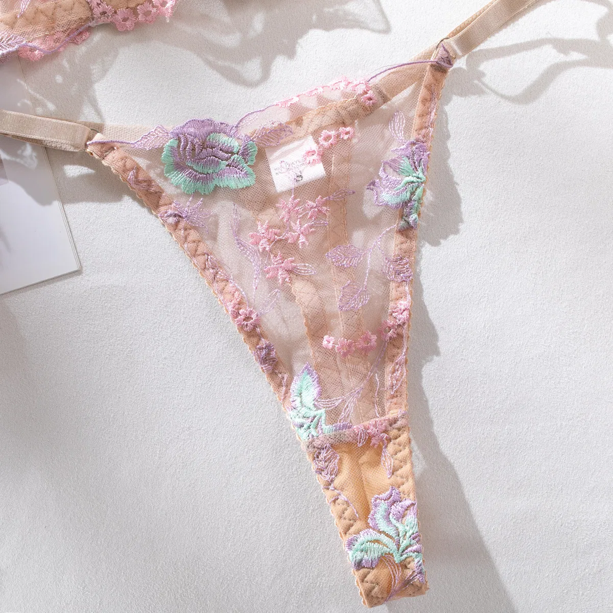 Sexy Mesh Transparent Flower Embroidery Fishbone Bra Set Factory Sell Woman Lingerie