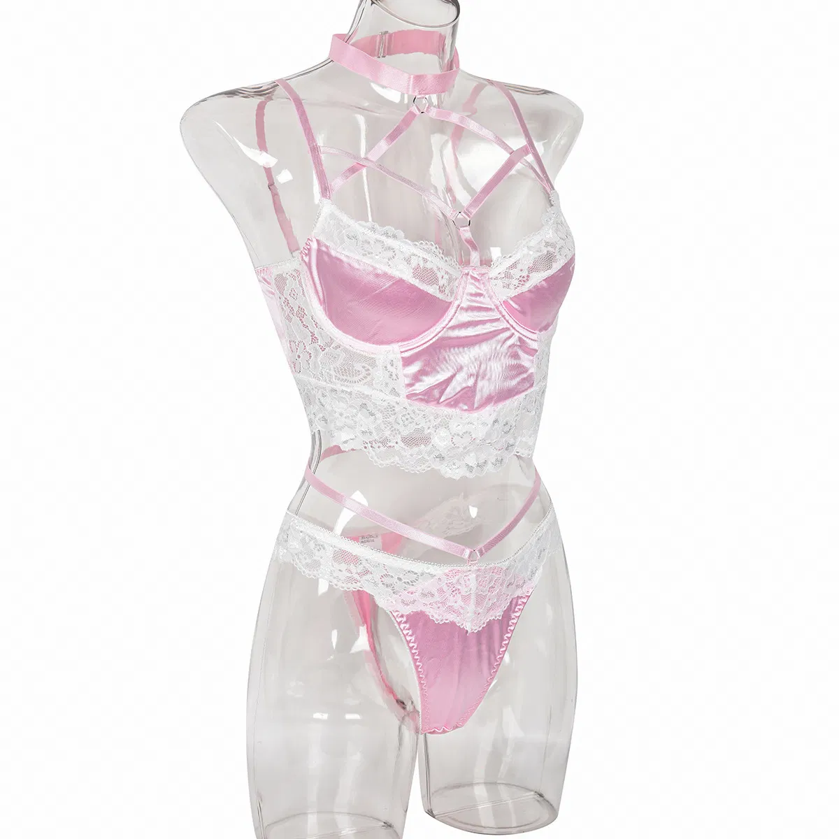 Sexy Neck Hanging Cross Strap Underwear Set Wholesale Pink Satin Women Lingerie