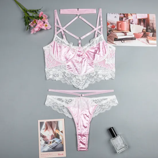 Sexy Neck Hanging Cross Strap Underwear Set Wholesale Pink Satin Women Lingerie