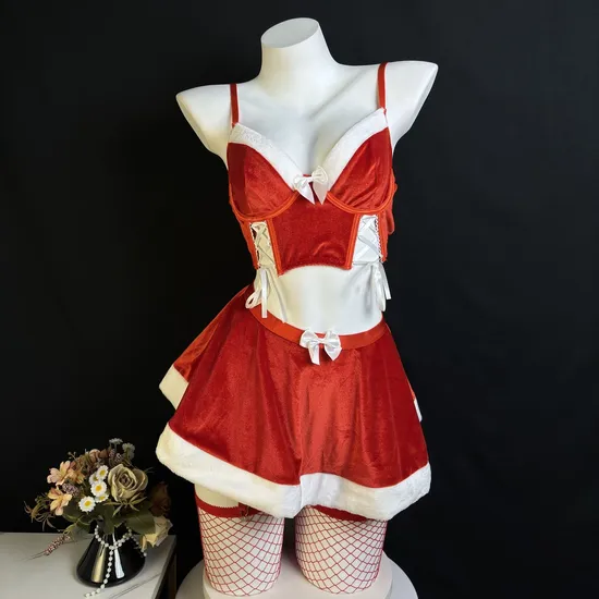 Sexy Fashion Bondage Christmas Bra Panty Set New Fashion Short Skirt Lingerie