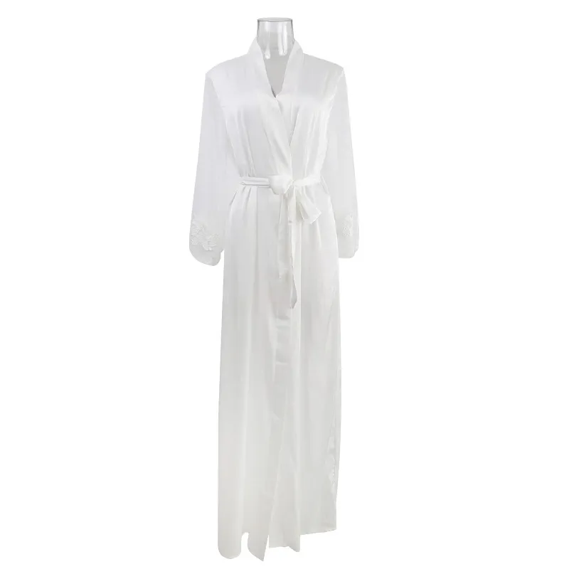 Wholesale Luxury Deep V Satin Woman Sleepwear Sexy See Through Lace Bridal Robe