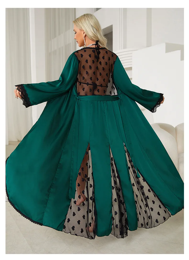 Wholesale Lace Satin Sleepwear Sexy Mesh Embroidery Patchwork Transparent Women's Robe