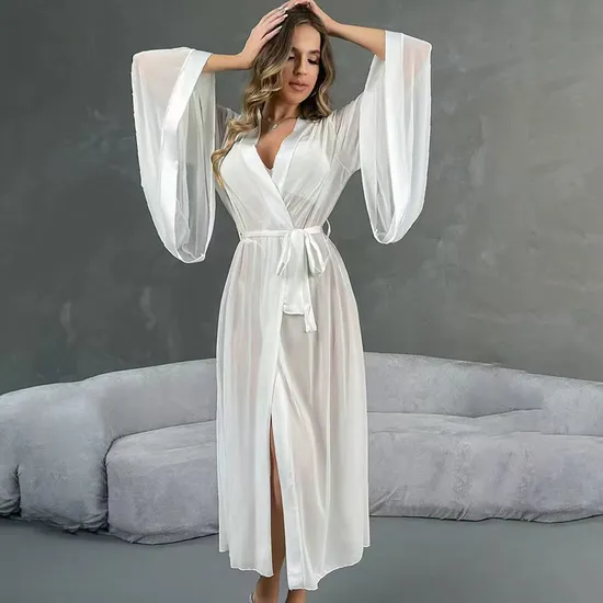 Wholesale See-Through Mesh Sleepwear Sexy V Neck Belt Ultral-Thin Woman Robe