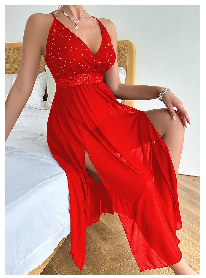 Sexy Erotic Transparent Woman Nightgown Dress Wholesale Solid Color Long Mesh Nightwear