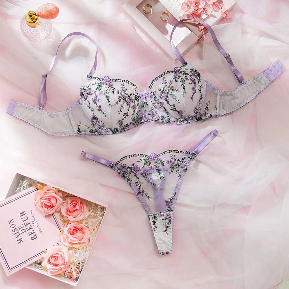 New Fashion Erotic Transparent Mesh Woman Underwear Set Sexy Floral Embroidered Lingerie