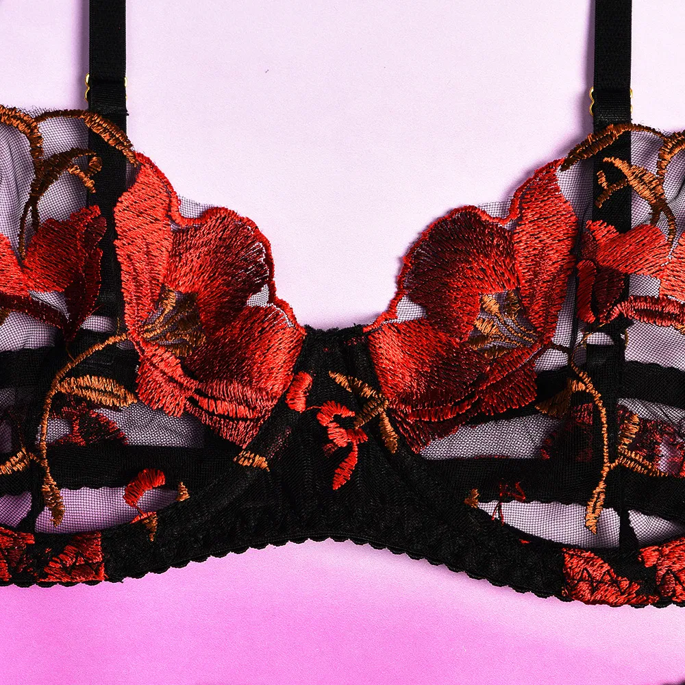 Wholesale Erotic Flowers Embroidery Lace Woman Bra Set Sexy High Quality Transparent Lingerie
