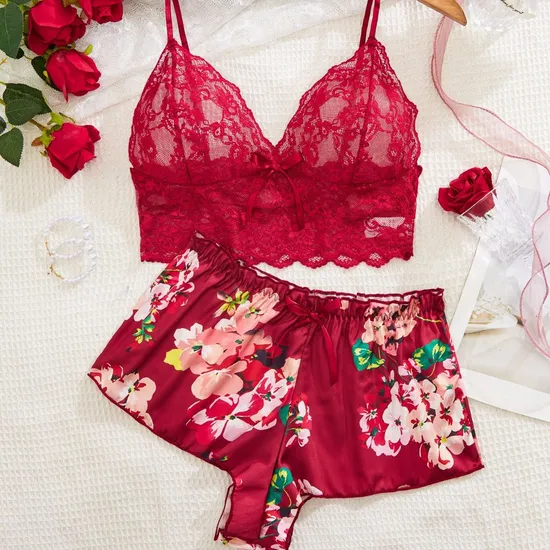 Wholesale Satin Embroidered Lace Underwear Set for Woman Sexy Short Sleeve Two-Piece Lingerie