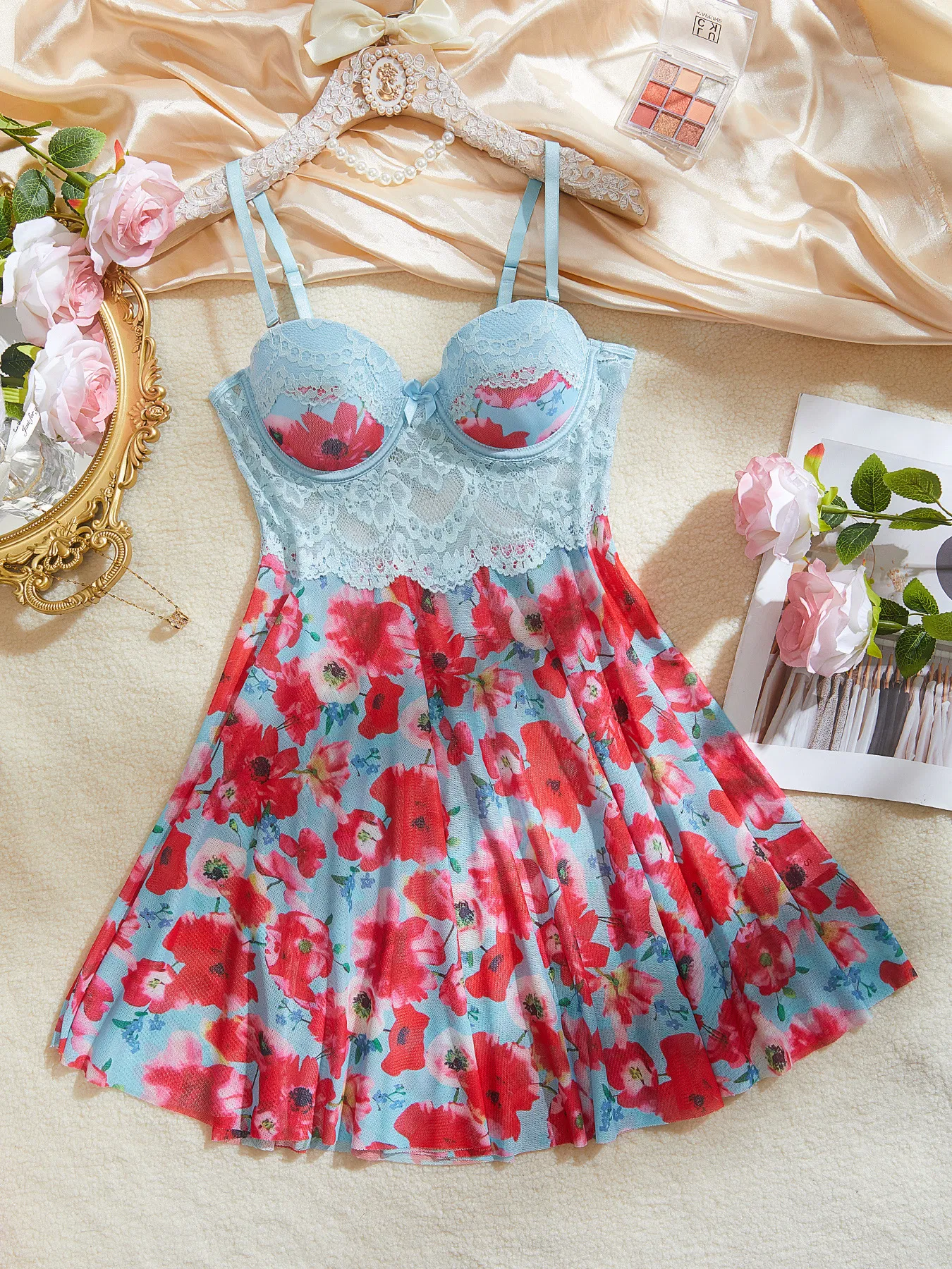 Wholesale Floral Print Long Dress Underwear Set Sexy Ultral-Thin Women Lingerie