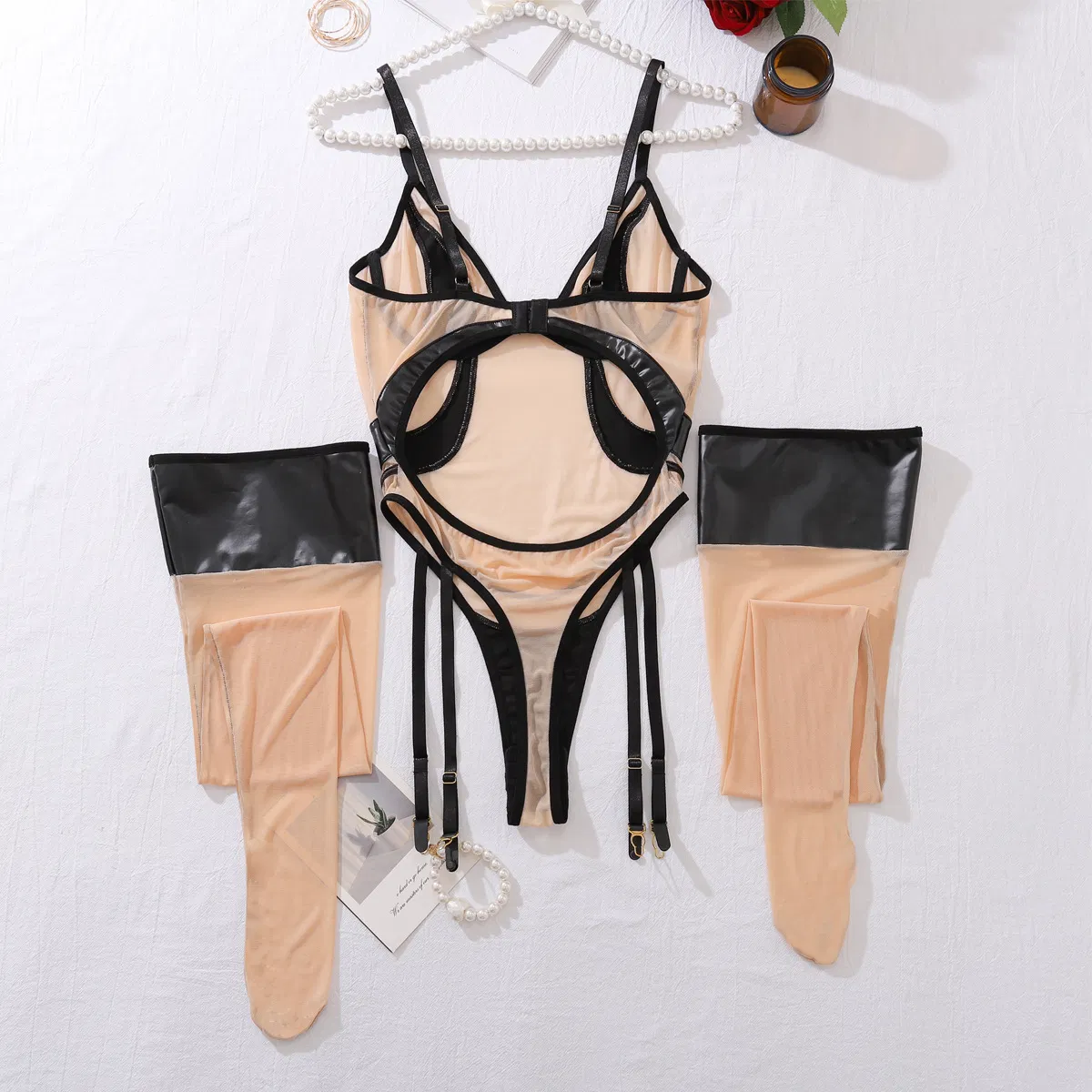 Sexy PU Leather Splicing Ultral-Thin One Piece Lingerie Set New Erotic See Through Bodysuit