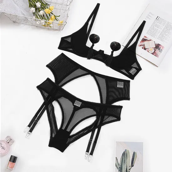 Sexy Open Cup Underwear Set for Woman Wholesale Tassel Nipple Covers Lingerie