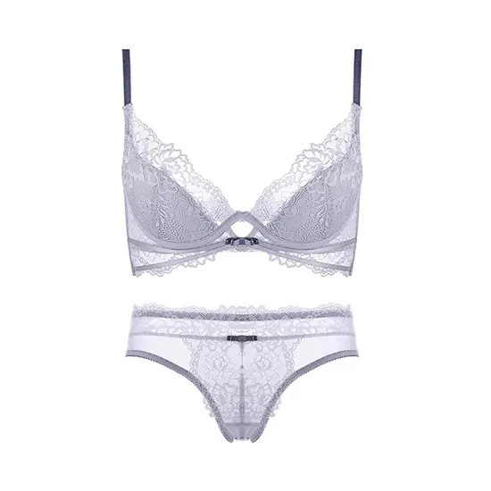 2025 New French Wholesale Embroidery Lace Trim Sexy Breathable Bra Ultra-Thin Halter Neck Set Underwear Lingerie