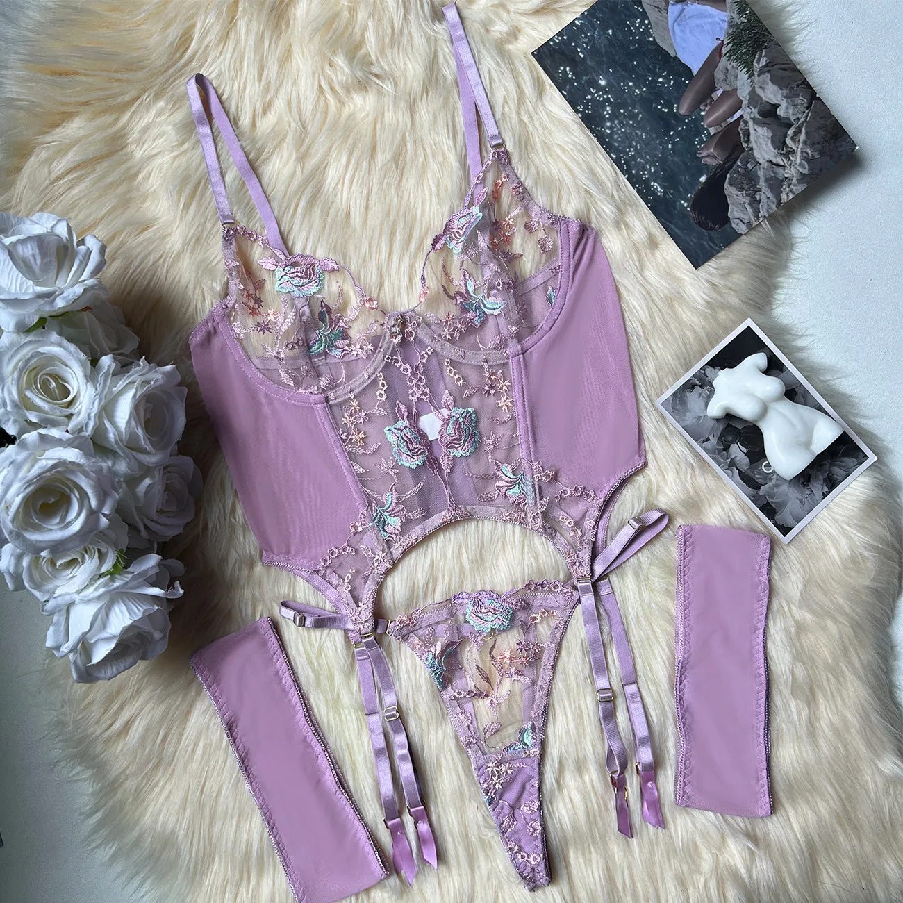Hot Sale Flower Embroidery Fishbone Woman Bra Set Sexy See-Through Mesh Lingerie