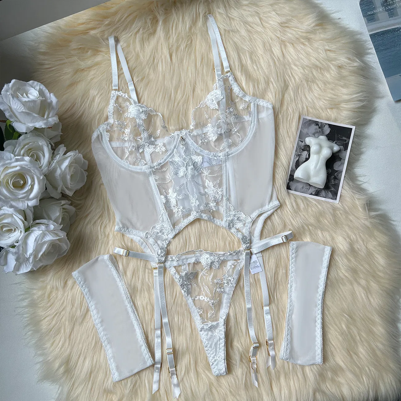 Hot Sale Flower Embroidery Fishbone Woman Bra Set Sexy See-Through Mesh Lingerie