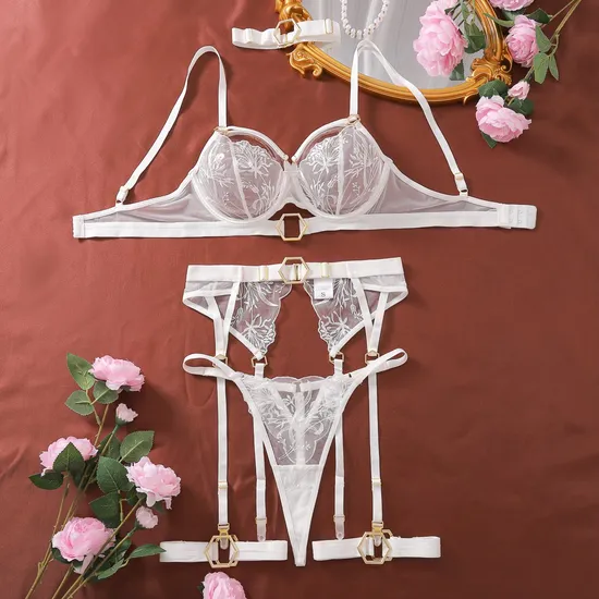 New Arrival See-Through Embroidered Garter Belt Bra Set Sexy Ultral-Thin Women's Lingerie